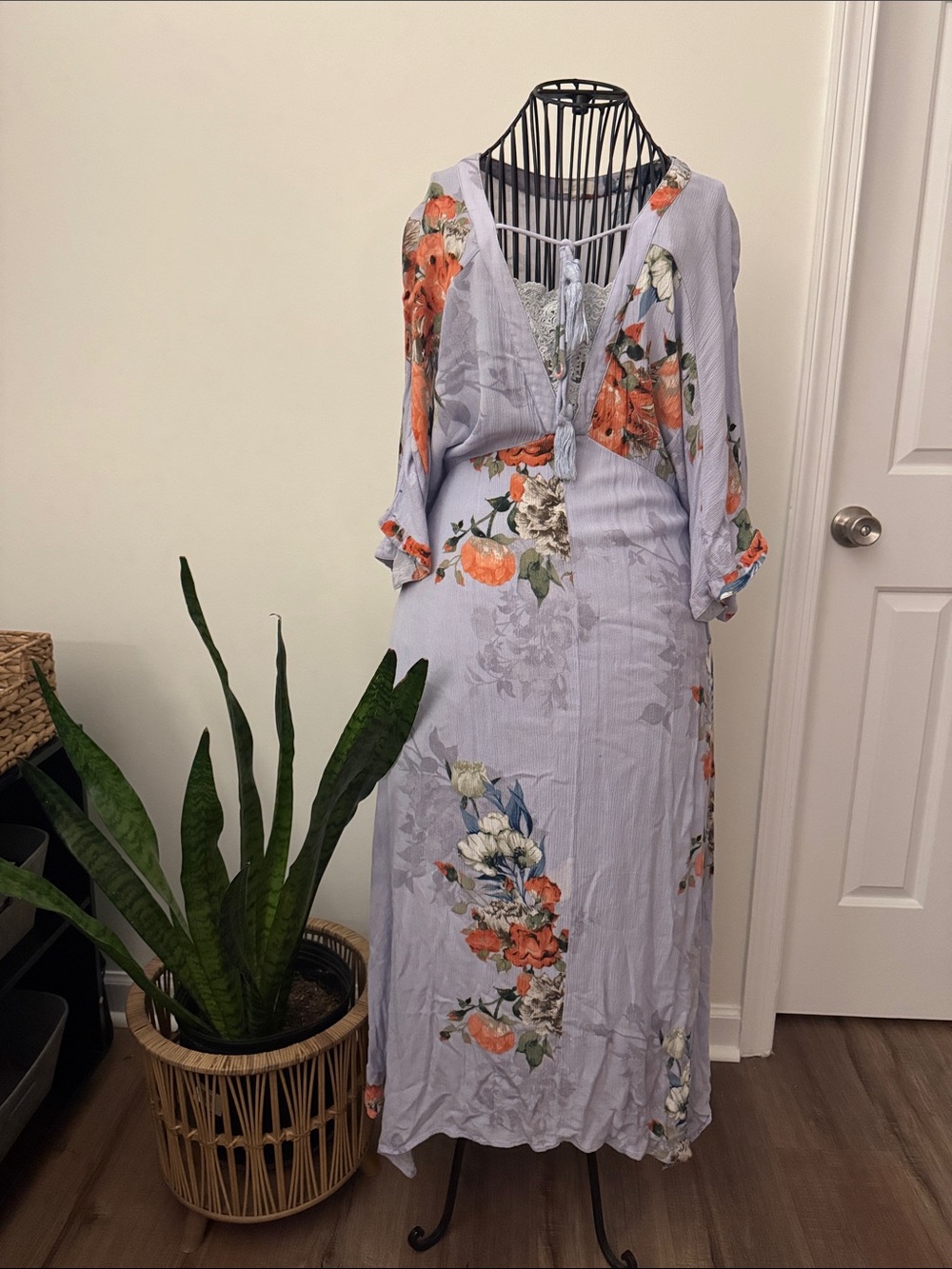 Kimono Inspired Floral V-Neck Maxi Dress in Light Lavender